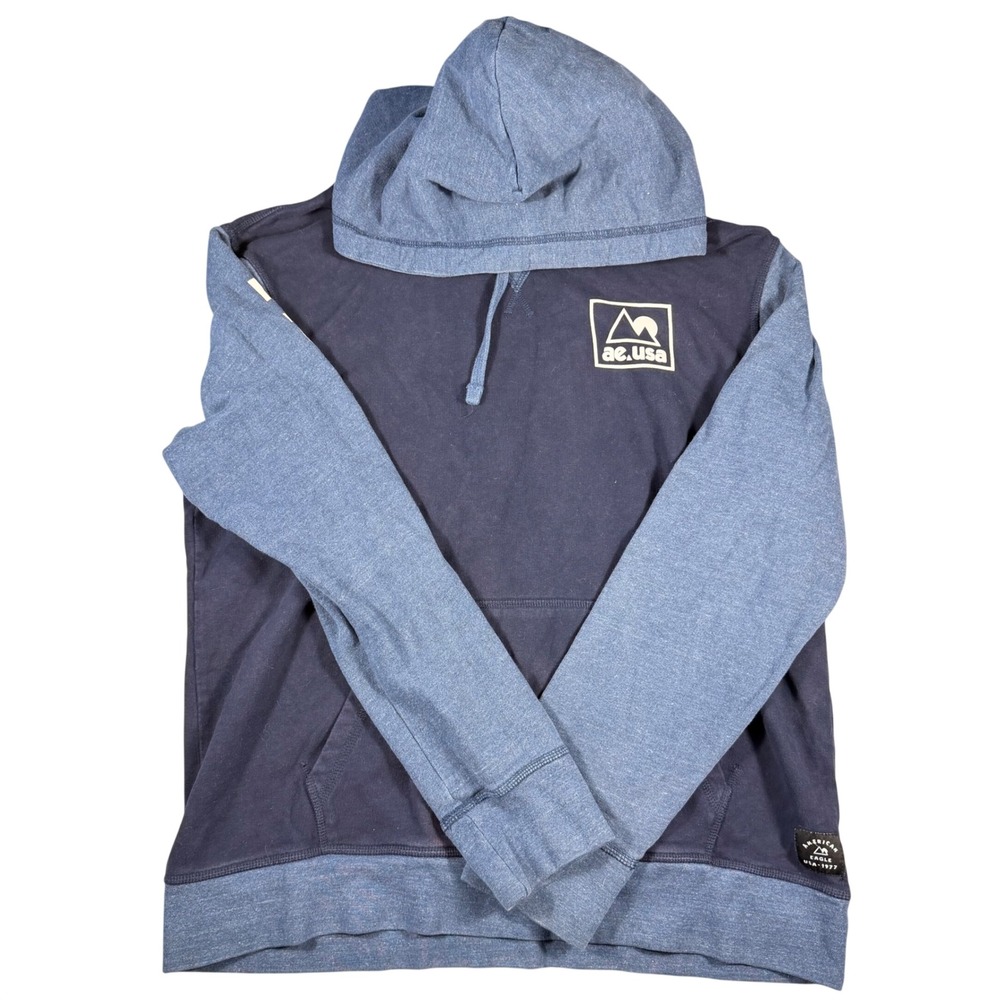 American Eagle Mens Hoodie Navy Blue Two Tone Graphic Logo Pullover Large